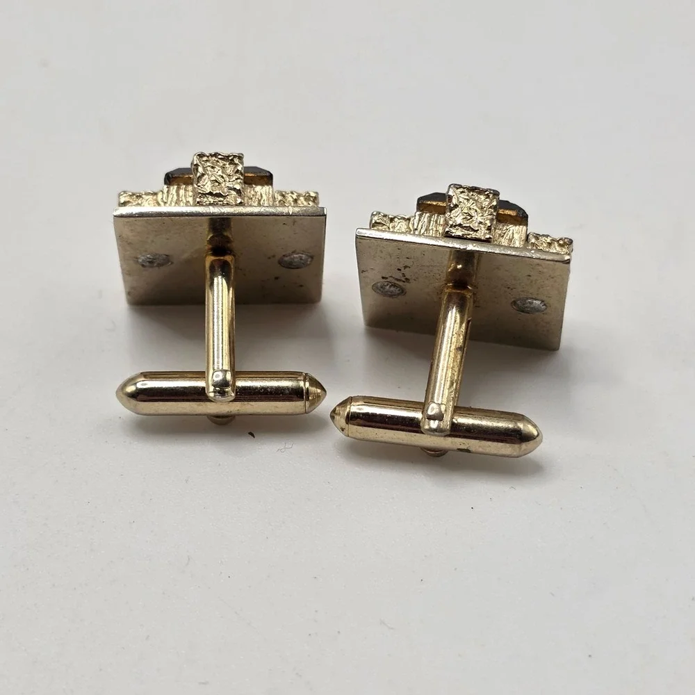 Vintage Brutalist Cufflinks Mens Gold Tone Smoky Glass MCM Mid Century Modern